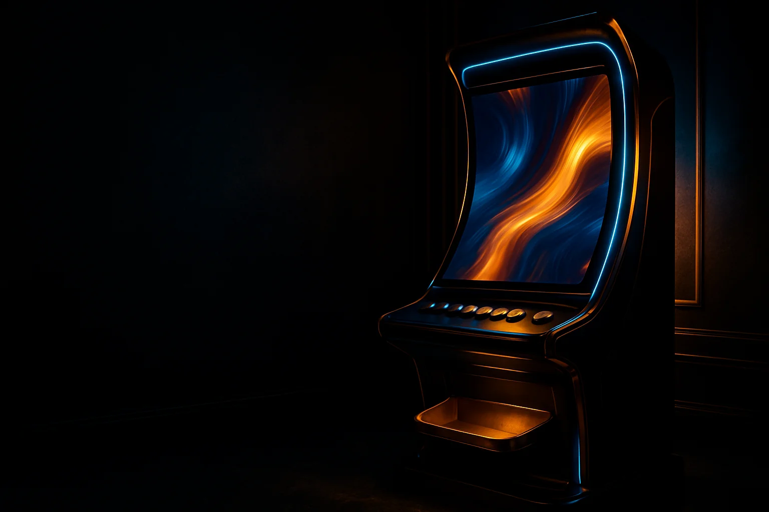 Ultra-detailed premium slot machine with glowing curved screen and neon-blue gold lighting in dark luxury setting